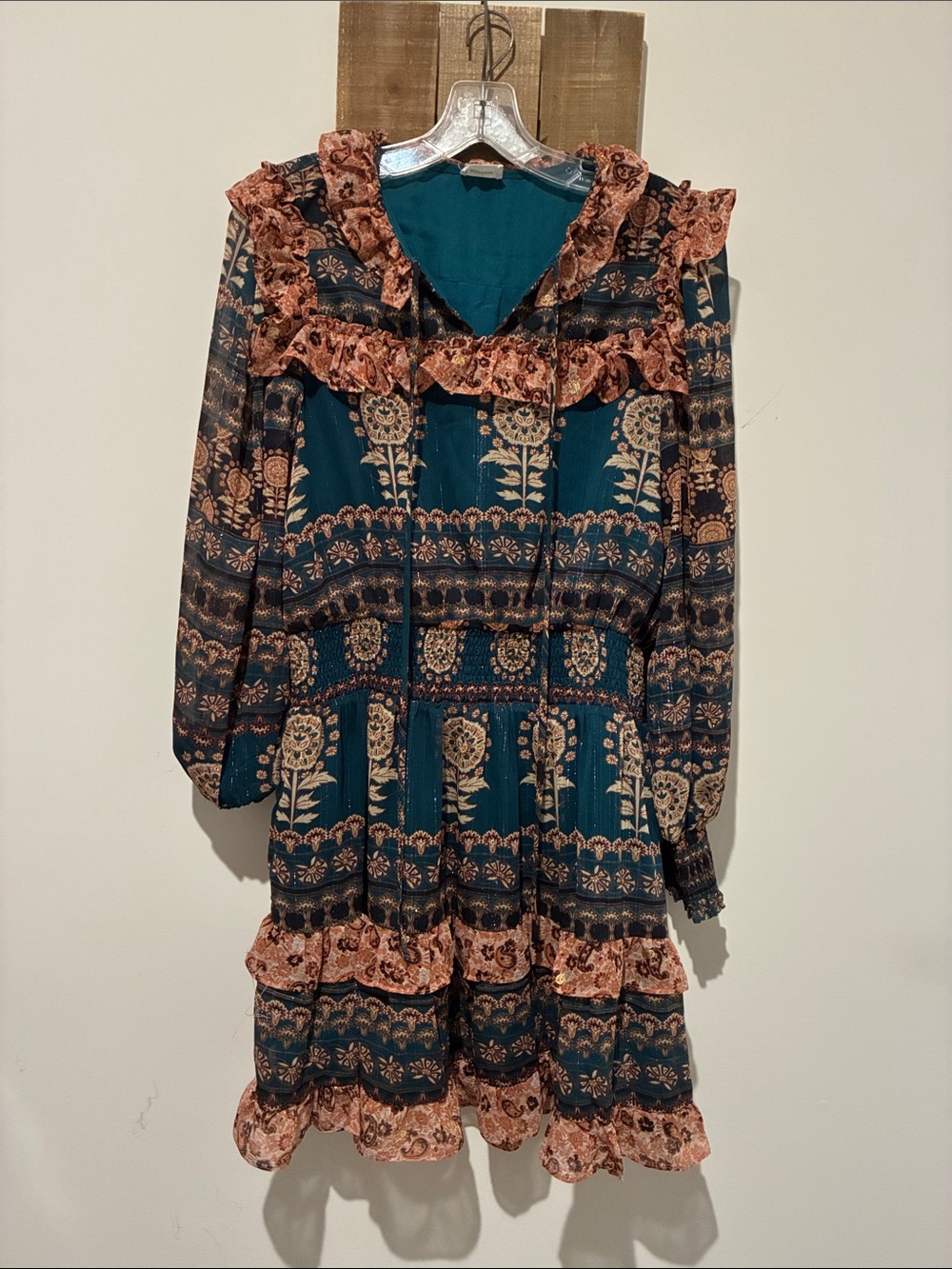 AUREUM Teal and Rust Floral Ruffle Tiered Long Sleeve Dress